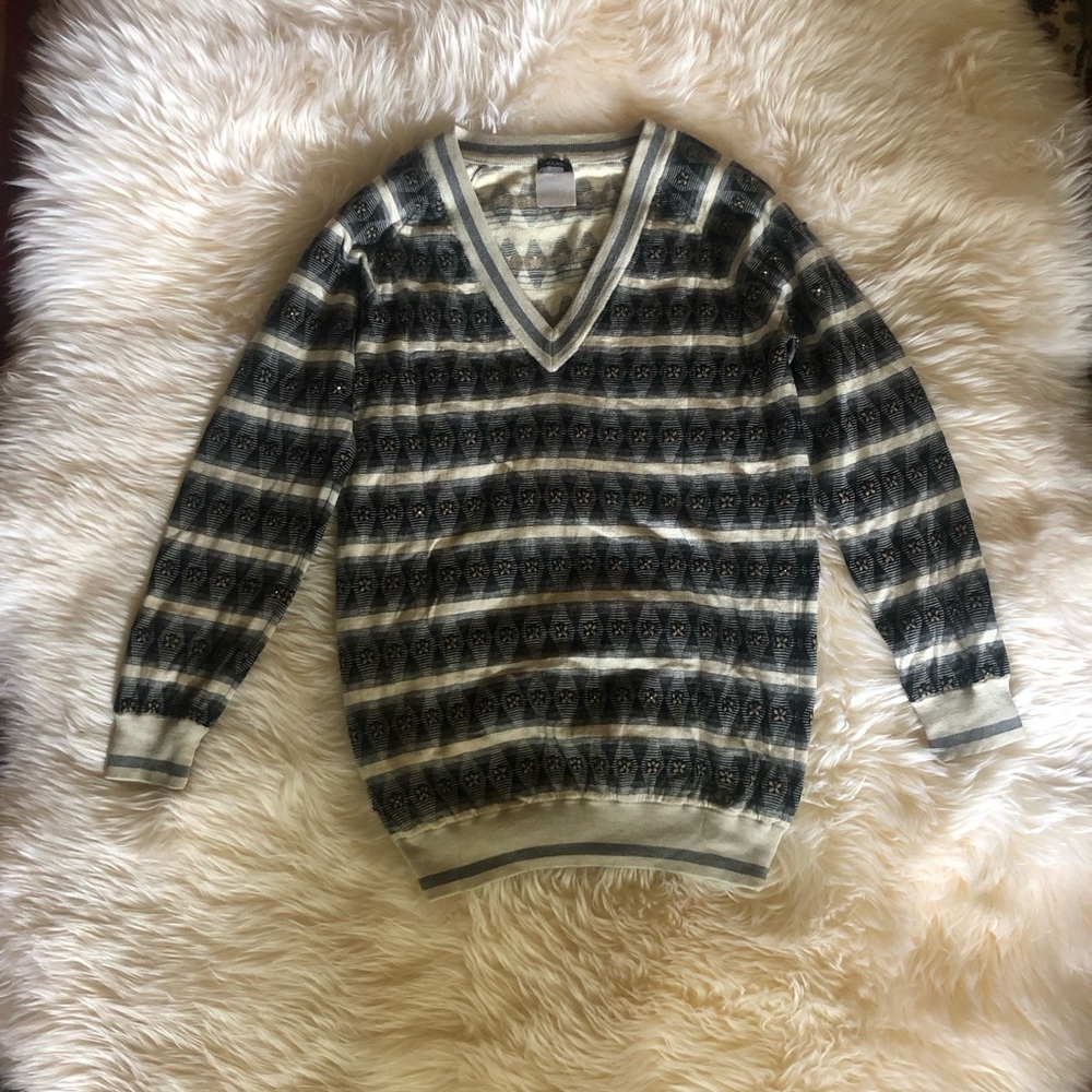 CHANEL Multicolor V neck cashmere Striped Knit sweater 40